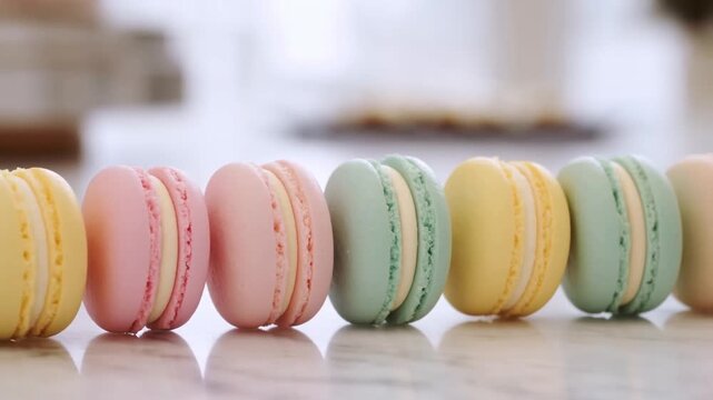 Tracking shot of colorful macarons sliding across marble countertop on kitchen table in morning light
