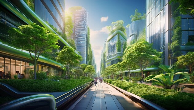 a view of a modern city street with lush greenery and integrated green infrastructure a reimagined urban streetscape with integrated green infrastructure and pedestrian friendly design