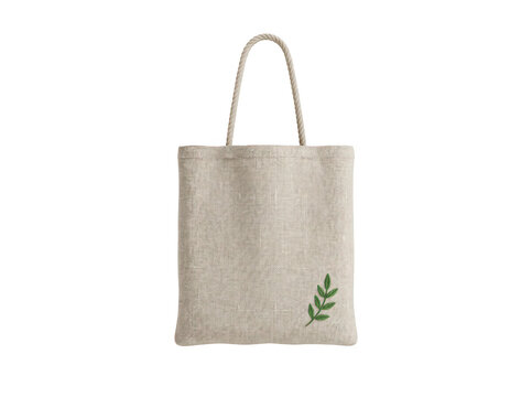 Linen tote bag with green leaf design isolated on transparent background