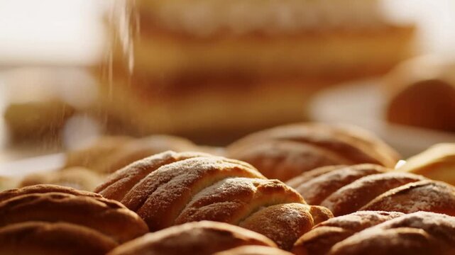 Slow motion close up tilt of rolls dusted with powdered sugar falling onto baked bread in bakery kitchen