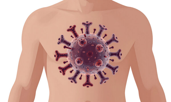 human body detailed transparent skin texture revealing cluster rounded hantavirus bacteria cells soft diffused studio