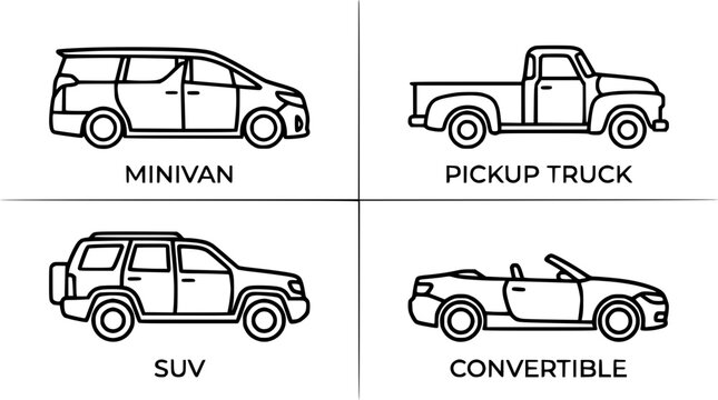 Set of Four Car Type Icons: Minivan, Pickup Truck, SUV, Convertible