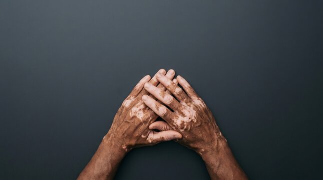 Adult hands with vitiligo clasped together against a dark gray background with copy space