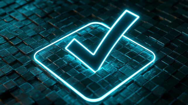 A glowing blue checkmark on a dark background with a grid pattern