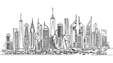 Fototapeta premium Modern City Skyline Hand Drawn Sketch, Urban Architecture Drawing, Downtown Buildings