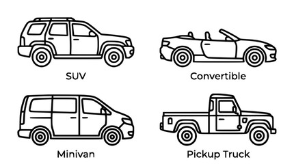 Obraz premium Set of Line Art Car Icons: SUV, Convertible, Minivan, Pickup Truck