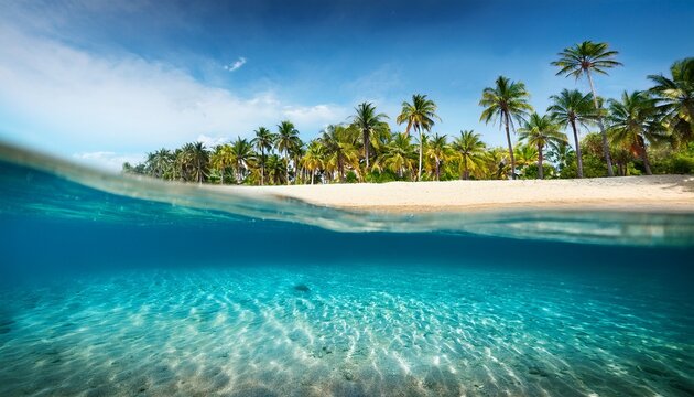 half underwater view clear sea and sand beach with palm trees