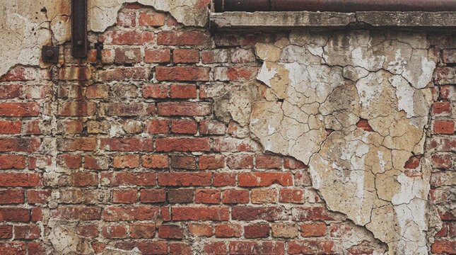 Close-up of old weathered brick wall with peeling plaster and rusty pipe.