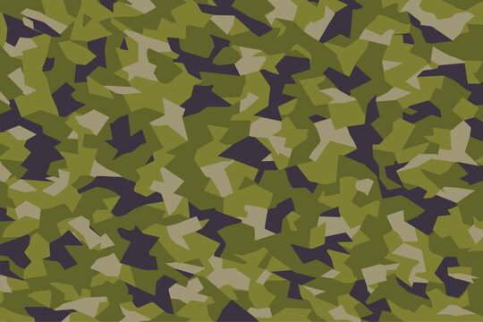 Abstract geometric M90 Swedish camouflage pattern featuring angular splinter shapes in olive green, khaki, and dark grey.