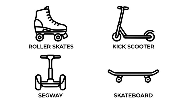 Collection of Personal Transport Icons: Roller Skates, Kick Scooter, Segway, Skateboard