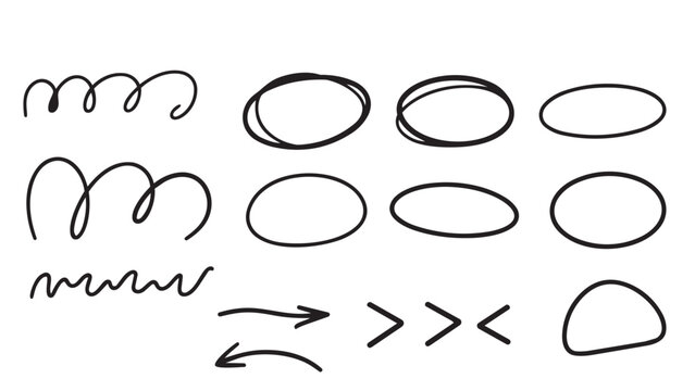 Hand drawn sketchy scribbles circles arrows and check marks doodle set.