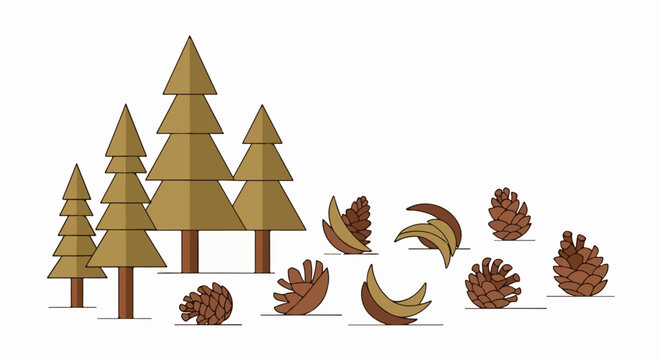 Stylized evergreen trees and pine cones in brown and tan
