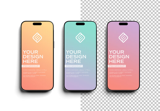 Three Isolated Silver Smartphones with Editable Background and Shadow Mockup