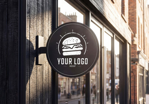 Circular Black Metal Logo Storefront Signage Mockup