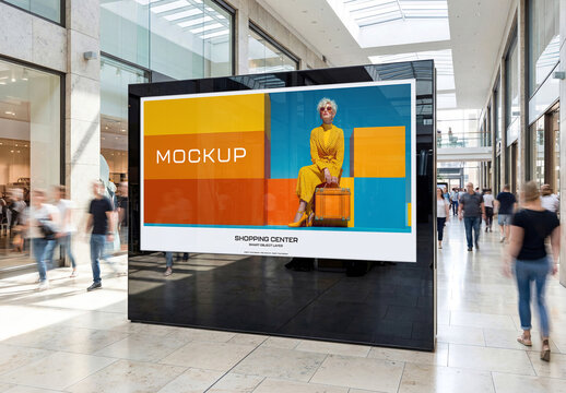 Large Horizontal Billboard Screen in Bright Modern Shopping Mall Interior Mockup