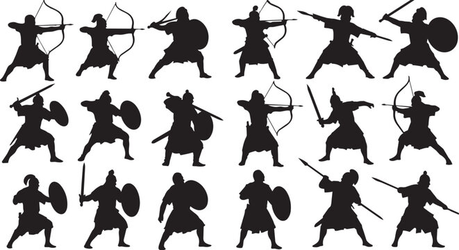 Warriors, medieval silhouettes, combat poses, black vector icons, ancient fighters