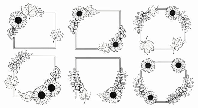 Six square frames adorned with sketched sunflowers, leaves, and berries