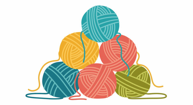 Stack of colorful yarn balls with loose strands