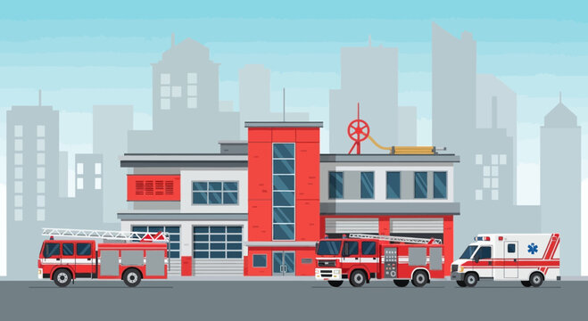 Fire station with emergency vehicles parked.