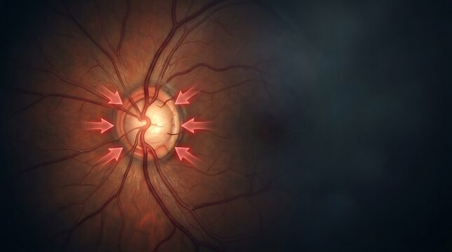 Medical illustration of the optic nerve head with red arrows indicating pressure on the optic disc and blood vessels
