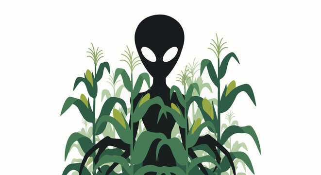 Silhouette of an alien figure stands in a dense cornfield, looking mysterious