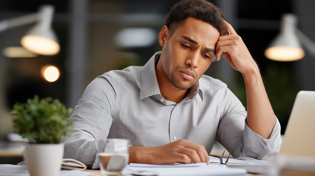 Young man sitting at desk in office space looks concerned while studying papers late at night