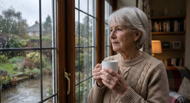Senior woman holding a mug by a rainy window