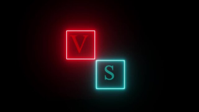 Neon VS text animation in glowing red and cyan squares, versus screen element for gaming and battle videos on black background