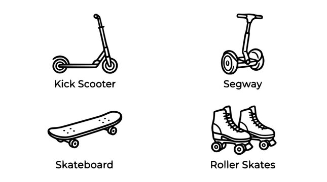 Collection of Personal Transportation Devices: Kick Scooter, Segway, Skateboard, Roller Skates