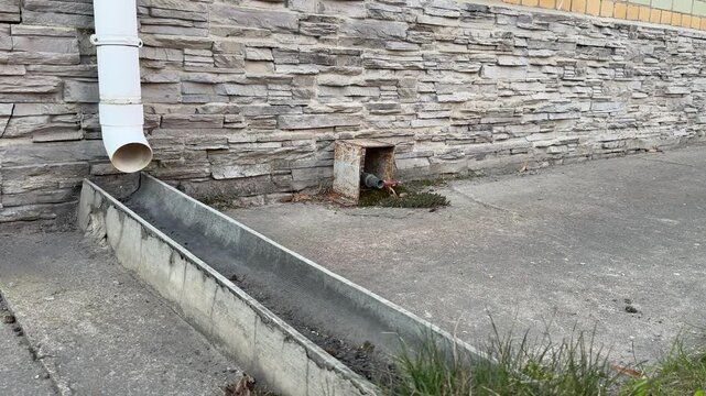 White downpipe and towed water crane sit against stone facade on paved yard, small planter with weeds and metal bracket, scattered