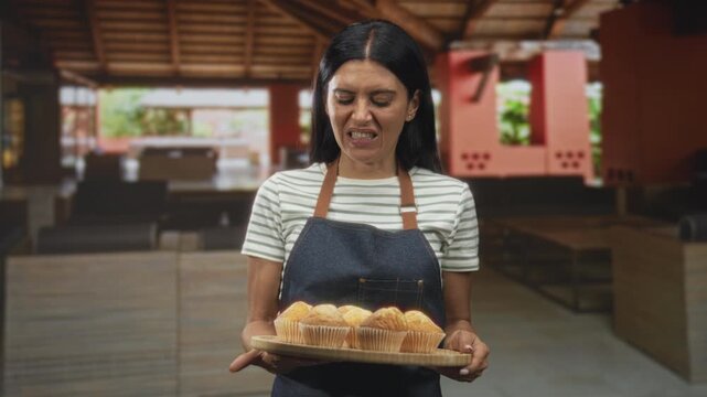 Woman baker holding a tray of muffins and grimacing while presenting them in a building; disgust authenticity craft.