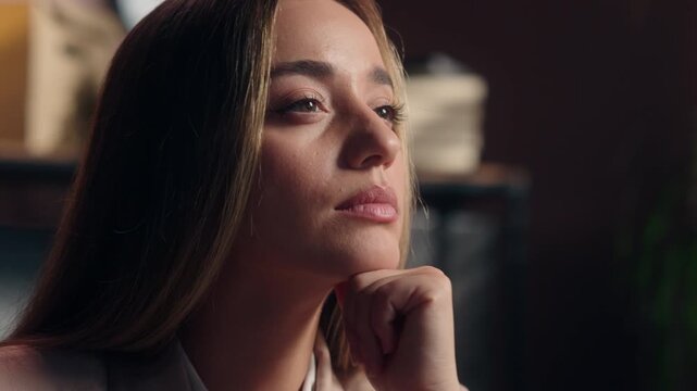 Headshot dreamy pensive European businesswoman thoughtful Caucasian business woman thinking deep in thoughts unsure doubtful dreaming hesitate pondering decision indoors female puzzled face girl think