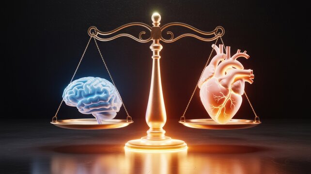 Balancing intellect and emotion: Brain and heart weighed on a golden scale