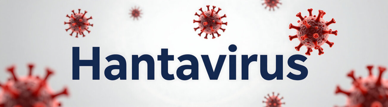 red viral particles spikes varying sizes suspended large dark blue text label reading hantavirus subtle soft