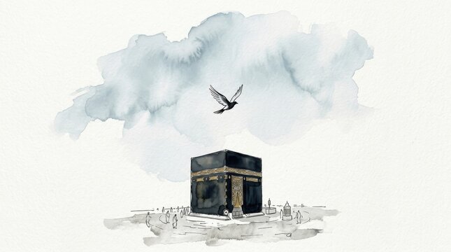 Artistic Sketch of the Kaaba with a Lone Bird