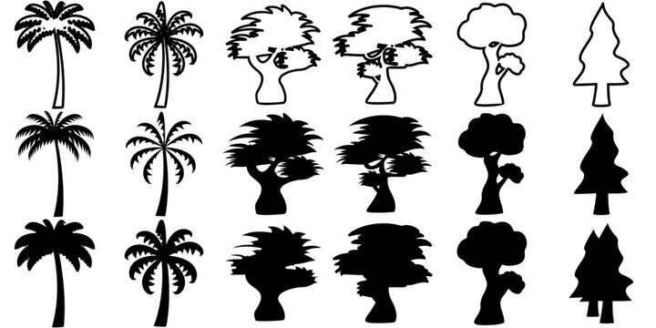 Set of coconut tree icons, palm trees, big trees, pine and spruce in silhouette and outline form, isolated flat on white background, vector