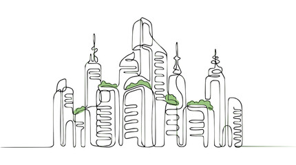 Obraz premium Continuous Line Drawing of a Green City Skyline with Skyscrapers and Trees