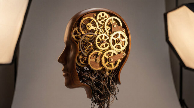 Profile view of a wooden mannequin head revealing intricate clockwork gears and wires within, symbolizing artificial intelligence, complex mechanisms, and technological innovation.