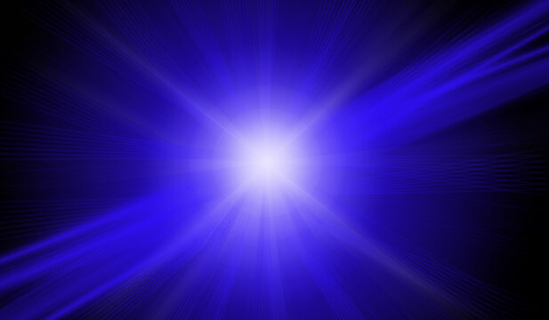 Bright light beams radiating through dark space with intersecting lines