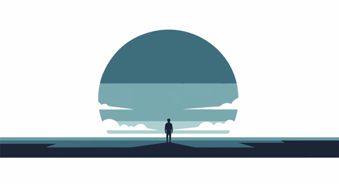 Solitary figure contemplates vast ocean under a muted, banded horizon