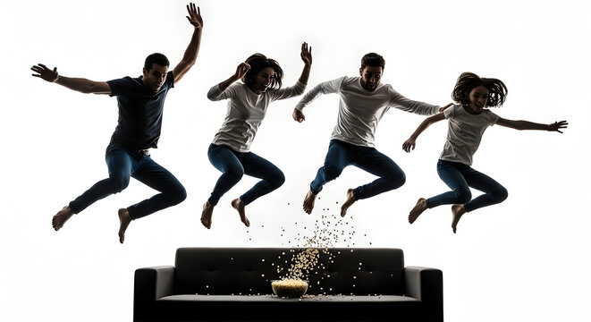 Four friends jumping over a couch with popcorn in a fun and playful moment