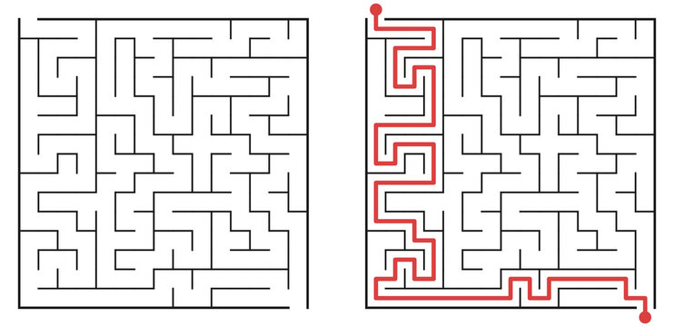 Jogo de labirinto f&aacute;cil com solu&ccedil;&atilde;o. Quebra-cabe&ccedil;a quadrado simples para crian&ccedil;as. Encontre o caminho correto. Ilustra&ccedil;&atilde;o em vetor