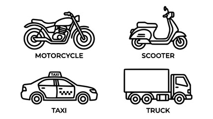 Fototapeta premium Motorcycle, Scooter, Taxi, Truck Icons: Urban Transportation Set