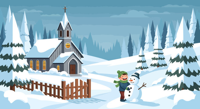 Boy Building Snowman in Winter Scene.