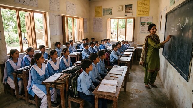 Group of elementary students in blue uniforms listening to a female teacher writing on a chalkboard in a simple classroom