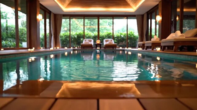 Luxury indoor swimming pool at a spa resort featuring a wooden deck lined with lit candles, lounge chairs with towels, and large windows overlooking lush greenery at dusk.