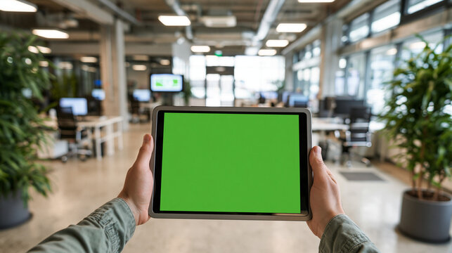 A person holding a tablet with a green screen in a modern office space