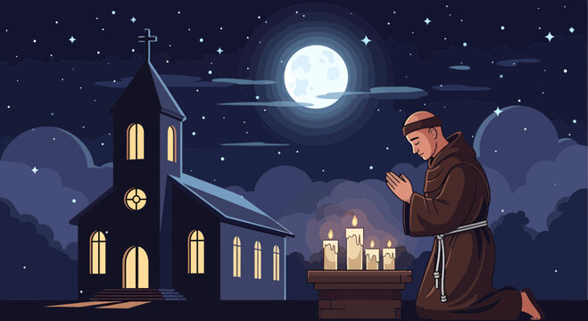 Man in brown robe praying at night.