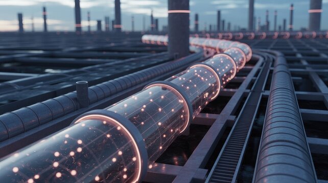 Futuristic glowing transparent pipes carrying data in a modern industrial landscape.