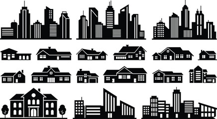 Urban City Skyline and Residential House Silhouette Collection Featuring Modern Office Skyscrapers Suburban Neighborhood Homes Apartment Buildings and Real Estate Architecture Icons Set © MdRasel